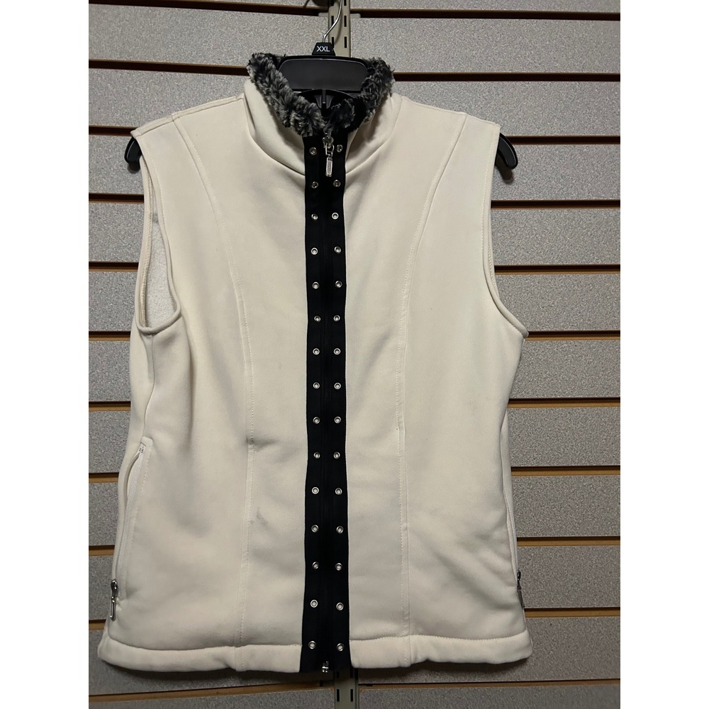 Wooly Bully Wear Womens Fleece Vest Cream Faux Fur Collar Grommet Zip M Ski Cozy